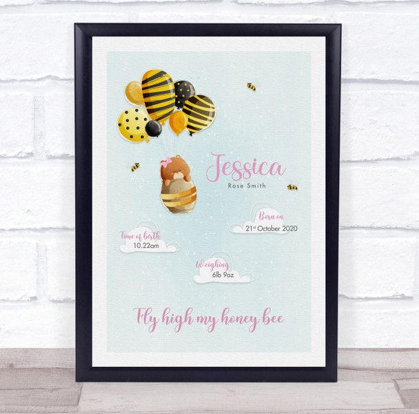 New Baby Birth Details Christening Nursery Honey Bee Keepsake Gift Print