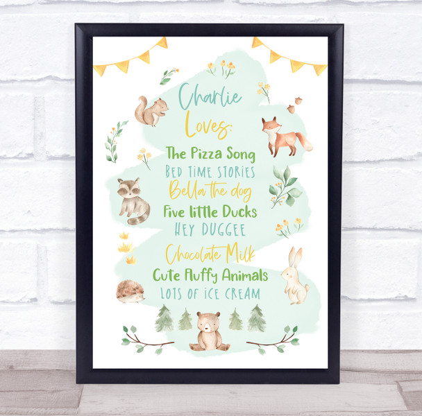 Wild Animals Outdoors Child Boy Loves Favourite Things List Children's Print