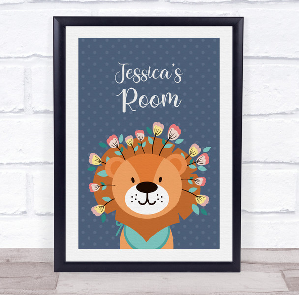 Lion With Flowers Blue Room Personalised Children's Wall Art Print