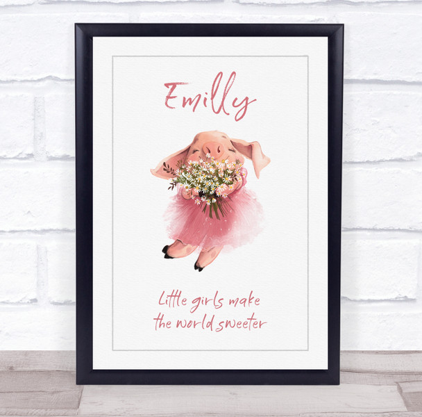 Girl Pig With Flowers Personalised Children's Wall Art Print