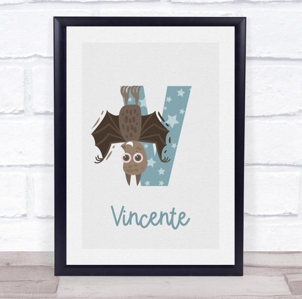 Initial Funky Letter V With Vampire Bat Personalised Children's Wall Art Print