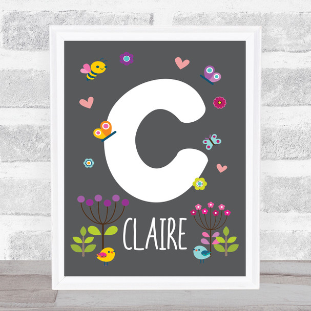 Grey Floral Butterfly Bird Initial C Personalised Children's Wall Art Print