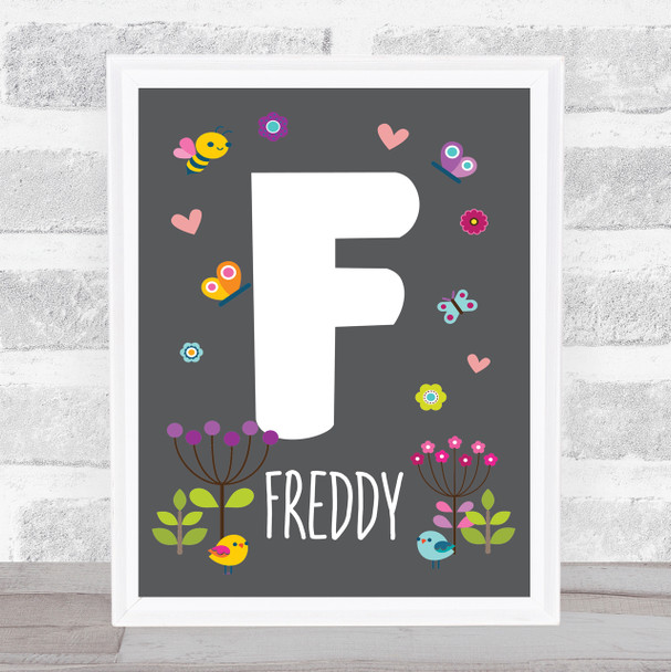 Grey Floral Butterfly Bird Initial F Personalised Children's Wall Art Print