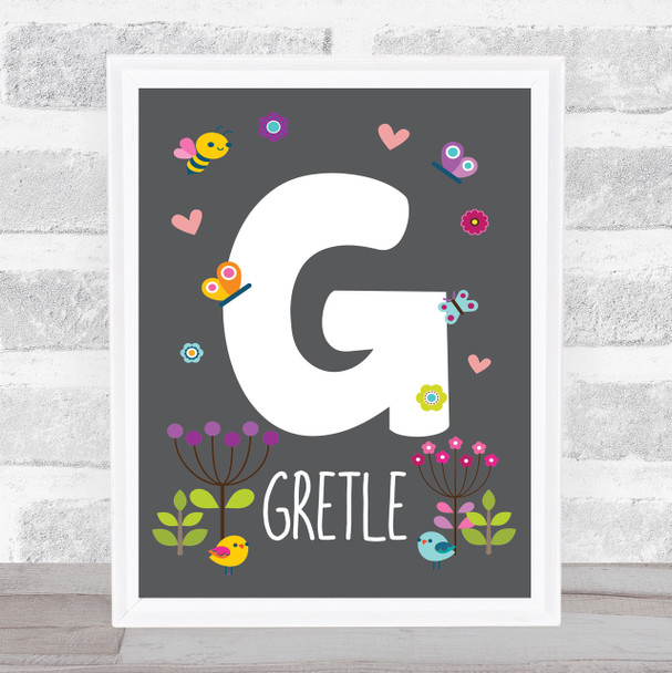 Grey Floral Butterfly Bird Initial G Personalised Children's Wall Art Print