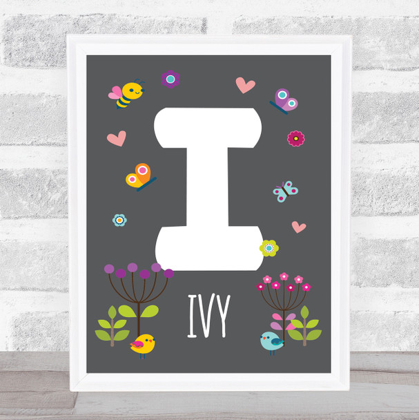 Grey Floral Butterfly Bird Initial I Personalised Children's Wall Art Print