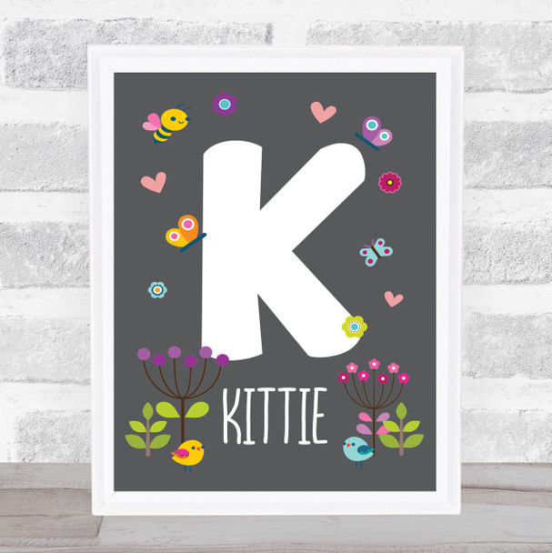 Grey Floral Butterfly Bird Initial K Personalised Children's Wall Art Print