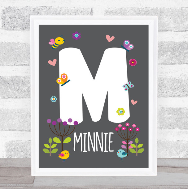 Grey Floral Butterfly Bird Initial M Personalised Children's Wall Art Print