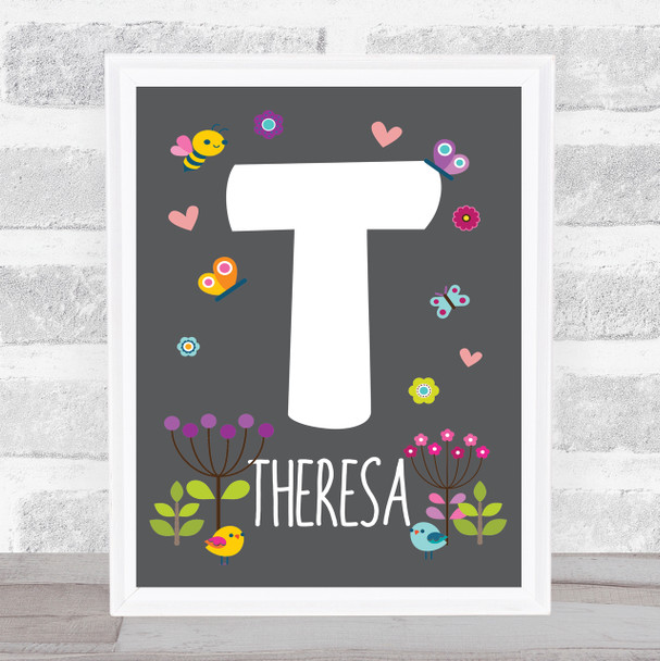 Grey Floral Butterfly Bird Initial T Personalised Children's Wall Art Print