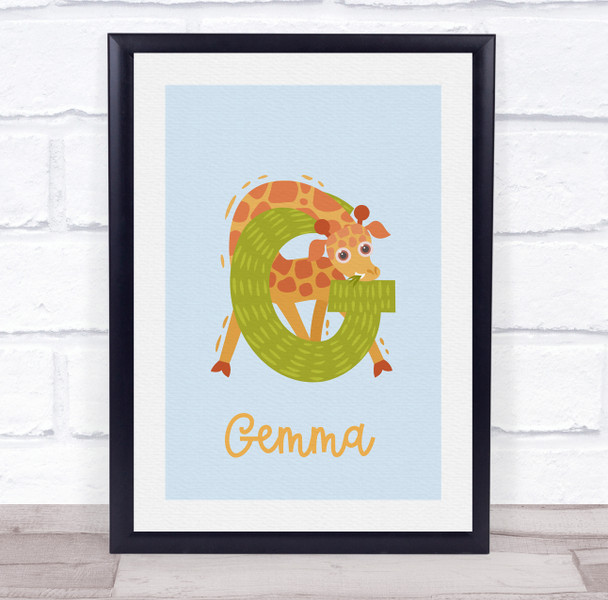 Initial Funky Letter G With Giraffe Personalised Children's Wall Art Print