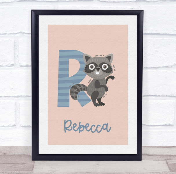Initial Funky Letter R With Raccoon Personalised Children's Wall Art Print