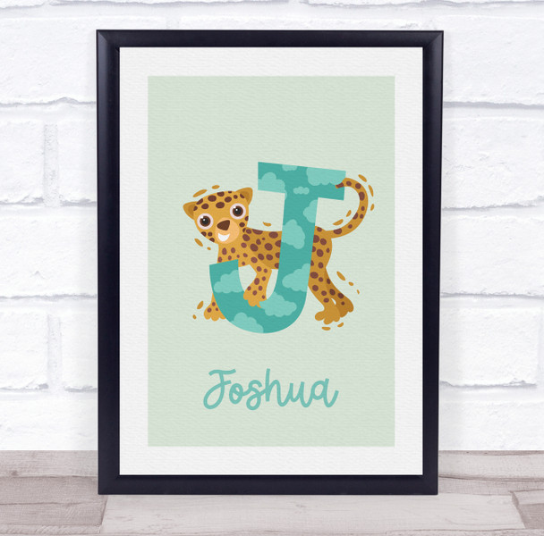 Initial Funky Letter J With Jaguar Personalised Children's Wall Art Print