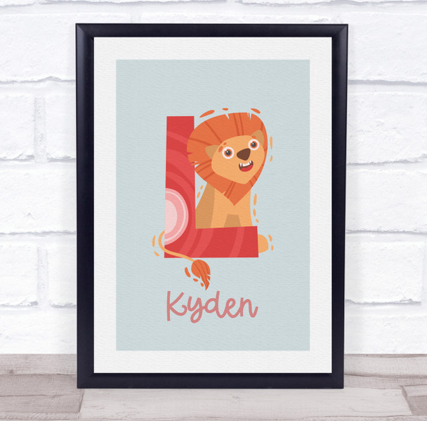 Initial Funky Letter L With Lion Personalised Children's Wall Art Print