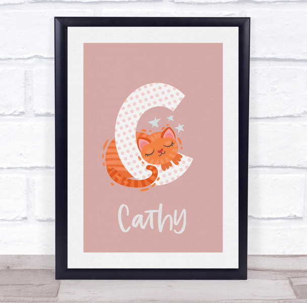 Initial Funky Letter C With Cat Personalised Children's Wall Art Print