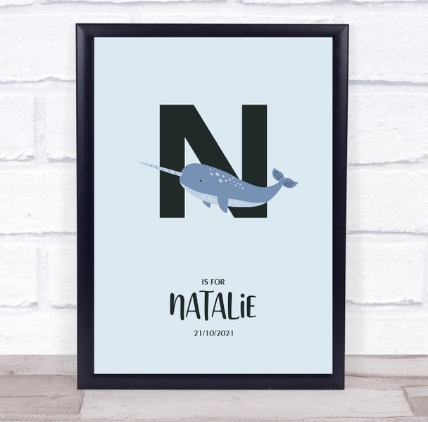 Initial Letter N With Narwhal Personalised Children's Wall Art Print