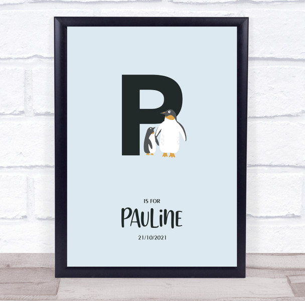 Initial Letter P With Penguin Personalised Children's Wall Art Print