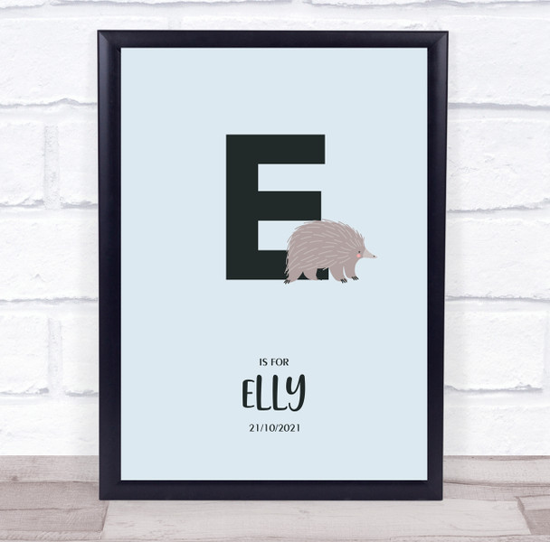 Initial Letter E With Echidna Personalised Children's Wall Art Print