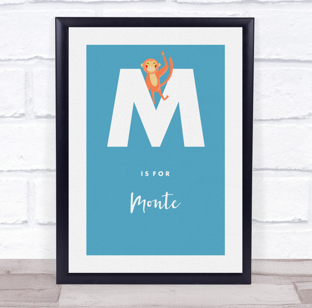 Initial Letter M With Monkey Personalised Children's Wall Art Print