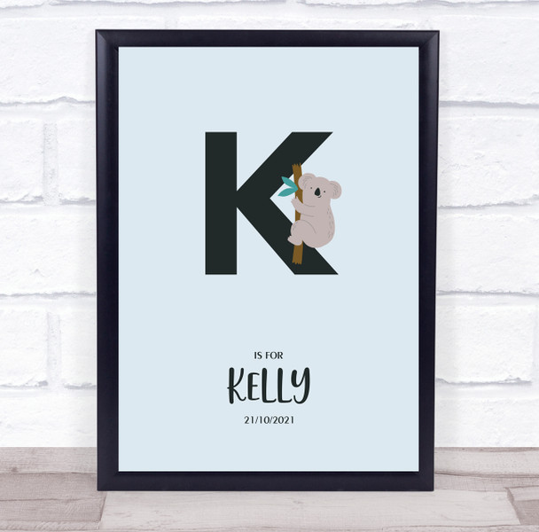 Initial Letter K With Koala Personalised Children's Wall Art Print