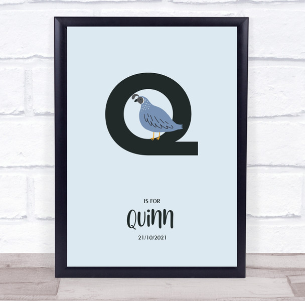 Initial Letter Q With Quail Personalised Children's Wall Art Print
