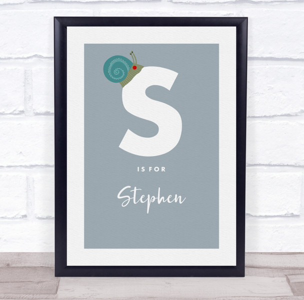 Initial Letter S With Snail Personalised Children's Wall Art Print