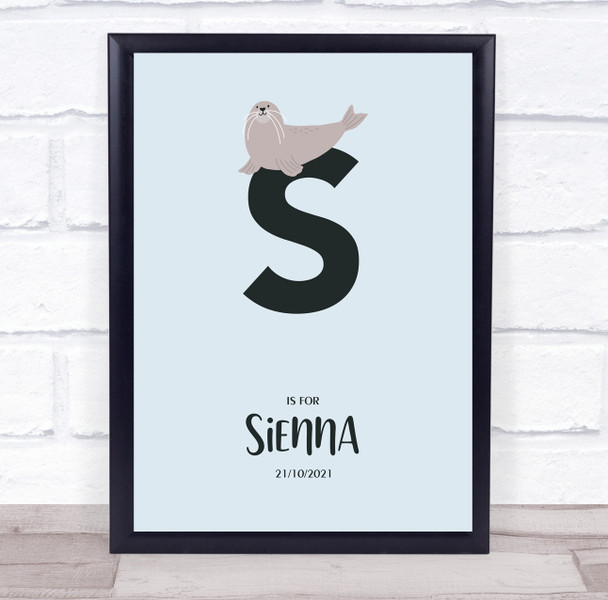 Initial Letter S With Seal Personalised Children's Wall Art Print