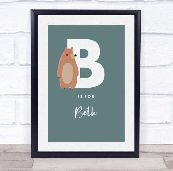 Initial Letter B With Bear Personalised Children's Wall Art Print