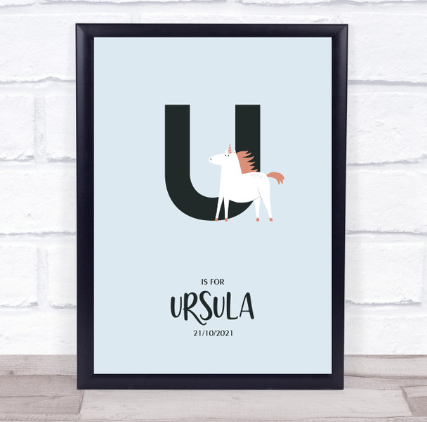 Initial Letter U Unicorn Personalised Children's Wall Art Print