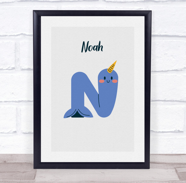 Narwhal Initial Letter N Personalised Children's Wall Art Print