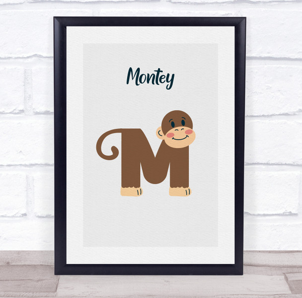 Monkey Initial Letter M Personalised Children's Wall Art Print