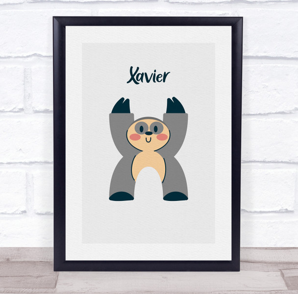 Sloth Initial Letter X Personalised Children's Wall Art Print
