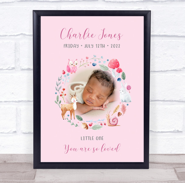 New Baby Birth Details Nursery Christening Pink Forest Photo Keepsake Gift Print
