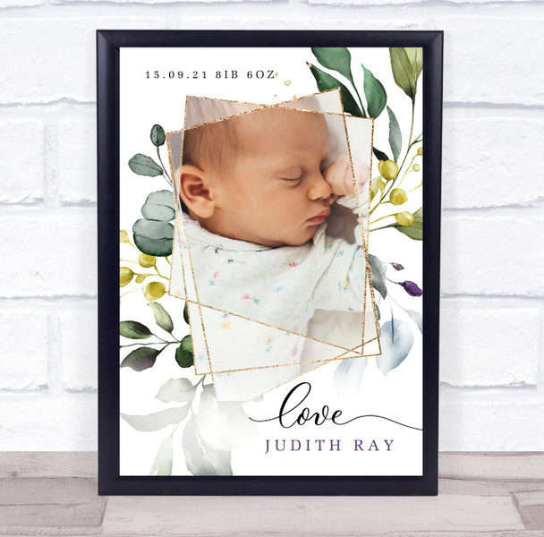 New Baby Birth Details Christening Nursery Gold Leaves Photo Keepsake Gift Print