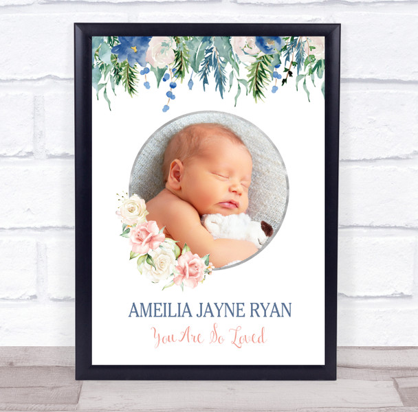 Floral Leaves Circle Photo Name Personalised Children's Wall Art Print