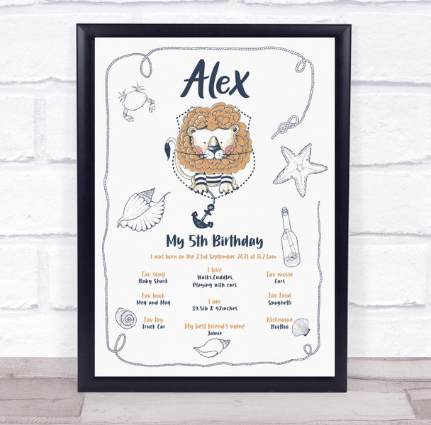 Any Age Birthday Favourite Things Interests Milestones Lion Nautical Gift Print