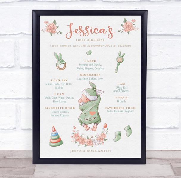 1st Birthday First Year Baby Milestones Achievements Interests Baby Gift Print