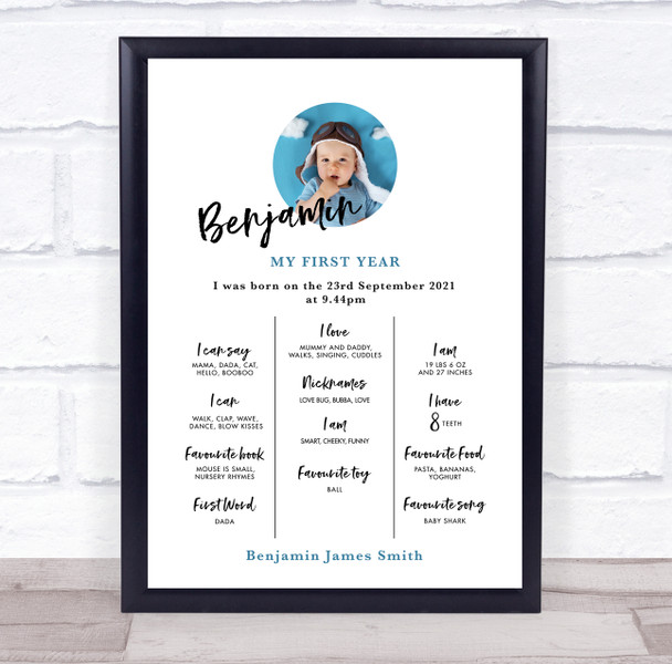 1st Birthday First Year Baby Milestones Achievements Interests Boy Photo Print