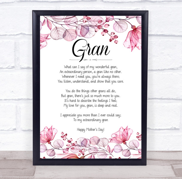 Mothers Day Poem Pink Floral Gran Personalised Gift Art Print