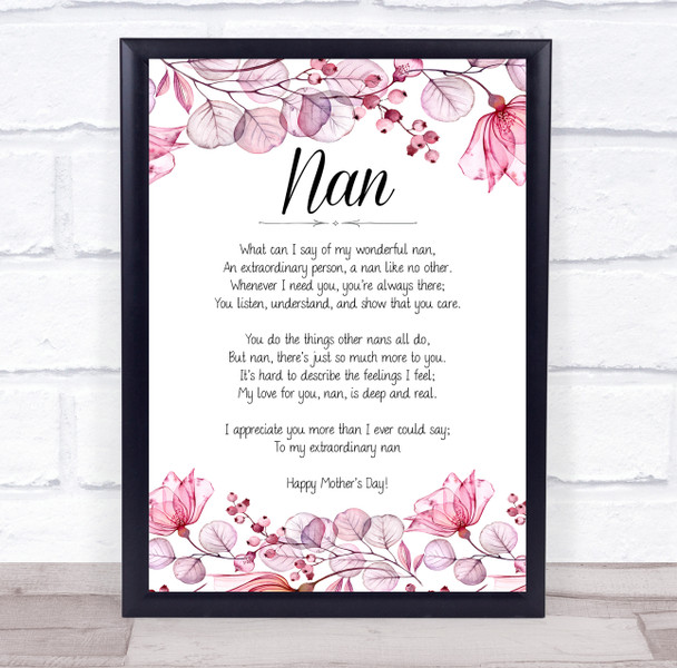 Mothers Day Poem Pink Floral Nan Personalised Gift Art Print