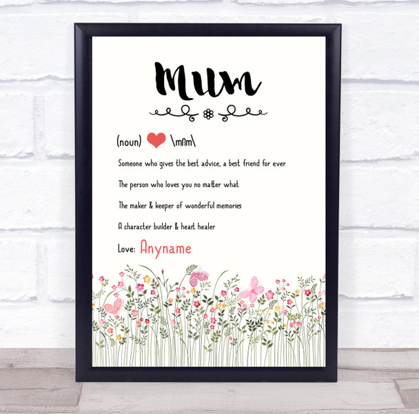 Mum Dictionary Definition Spring Flowers Personalised Gift Art Print