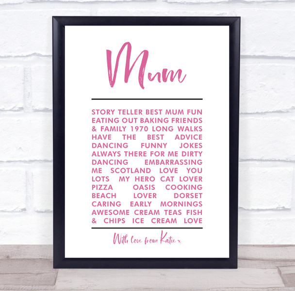 Mum Minimal Description List Personalised Gift Art Print