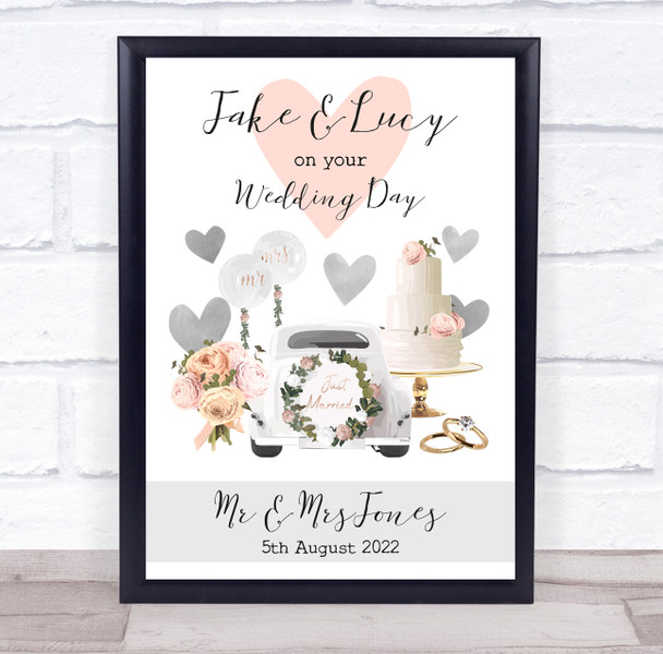 On Your Wedding Day Car Cake Rings Flowers Hearts Personalised Gift Art Print