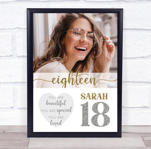 18th Birthday Female Gold Silver Glitter Photo Personalised Gift Art Print