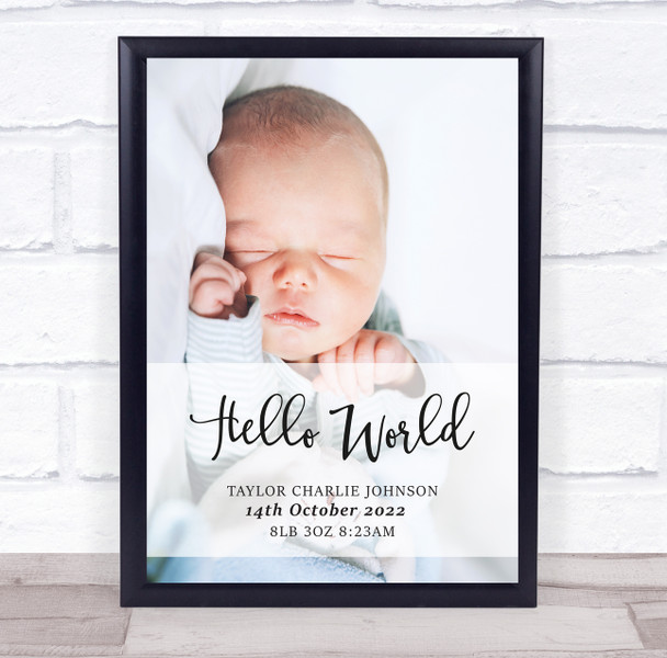 Hello World New Baby Photo Minimal Details Personalised Gift Art Print