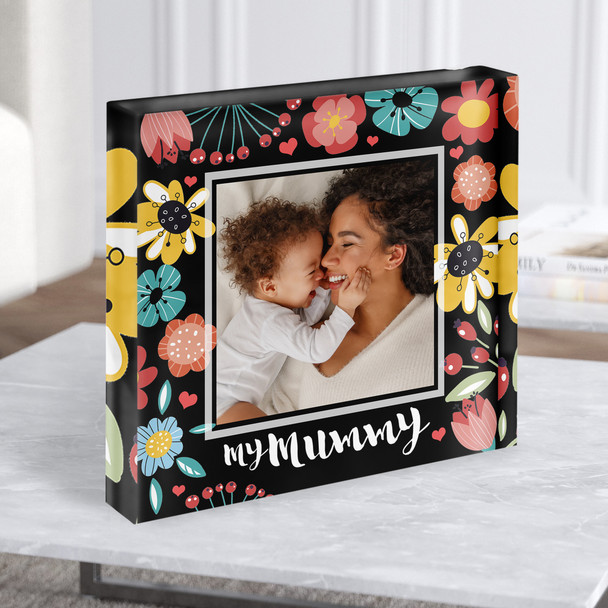Black Square Floral Photo Mummy Personalised Gift Acrylic Block