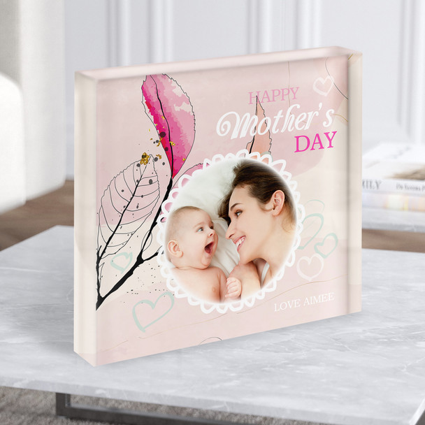 Mothers Day Abstract Pink Floral Photo Square Personalised Gift Acrylic Block