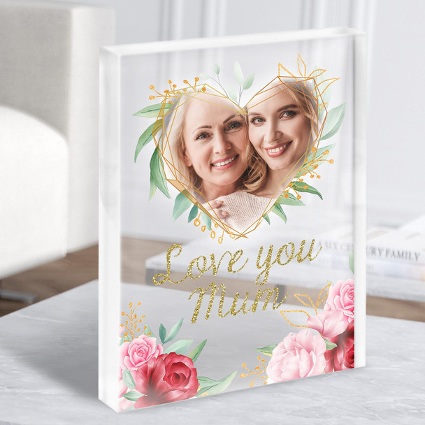 Photo Gold Detail Geometric Heart & Roses Mother's Day Photo Acrylic Block