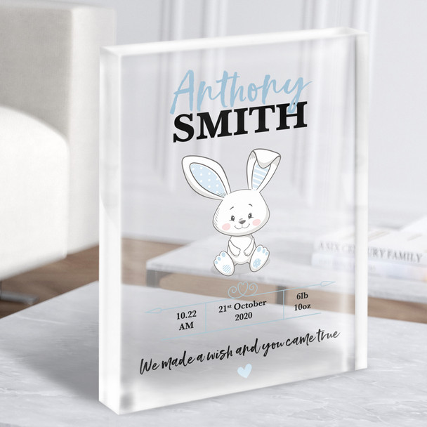 New Baby Birth Details Christening Nursery White Rabbit Boy Acrylic Block