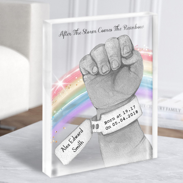 Rainbow Baby Fist Name Tag Grey Boy New Baby Birth Details Acrylic Block