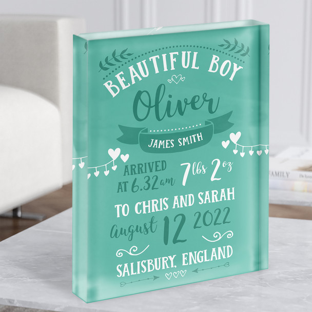 New Baby Birth Nursery Christening Green Typographic Acrylic Block