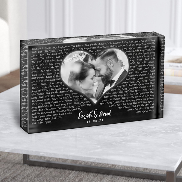 Landscape Black Heart Wedding Photo Any Text Any Song Lyric Acrylic Block